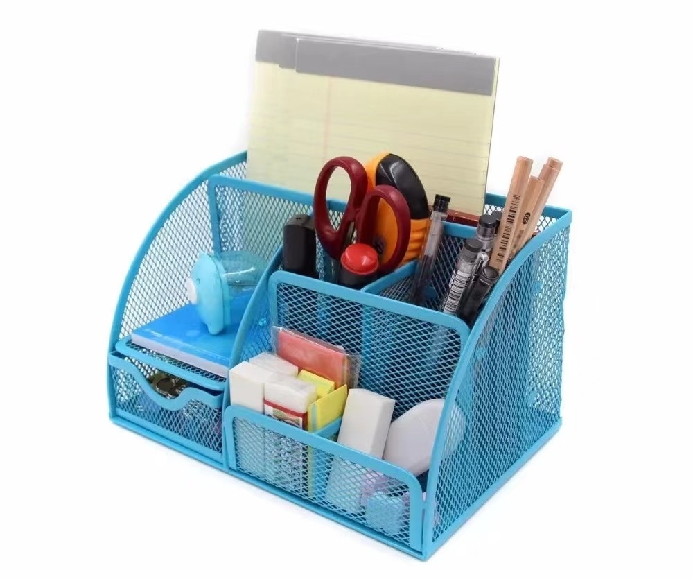 6 Compartments Metal Mesh Desk Organizer Woman Makeup Mesh Desk Organizer with sliding drawer