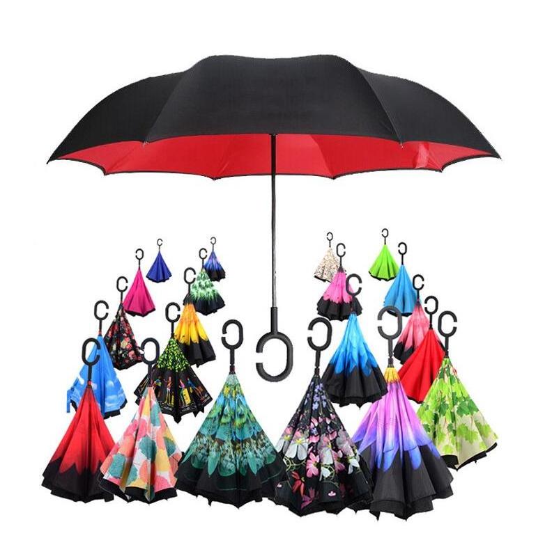 Automatic Car Outdoor Double Layer Windproof Folding Reverse Inverted Umbrella With C Handle