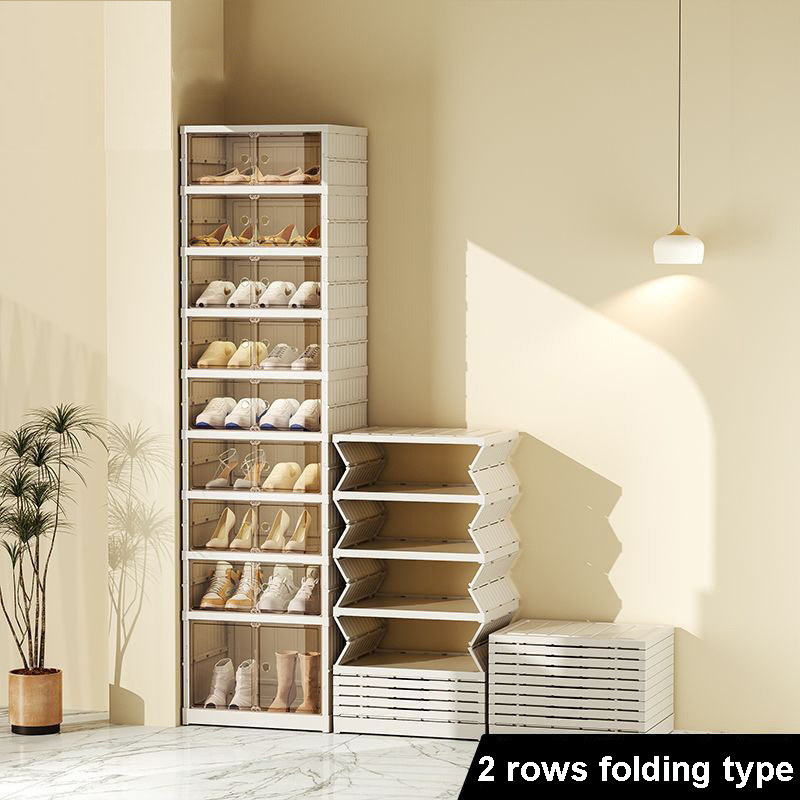 Foldable Shoe Rack Organizer for Closet Plastic Collapsible Shoes Storage Box Clear Shoe Boxes Stackable with Door Easy Assembly