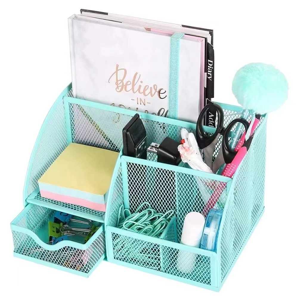 6 Compartments Metal Mesh Desk Organizer Woman Makeup Mesh Desk Organizer with sliding drawer