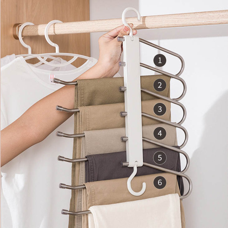 Magic Space Saving Pants Hangers Non-Slip Clothes Organizer 6 Layered Pants Rack for Scarf Jeans Trousers