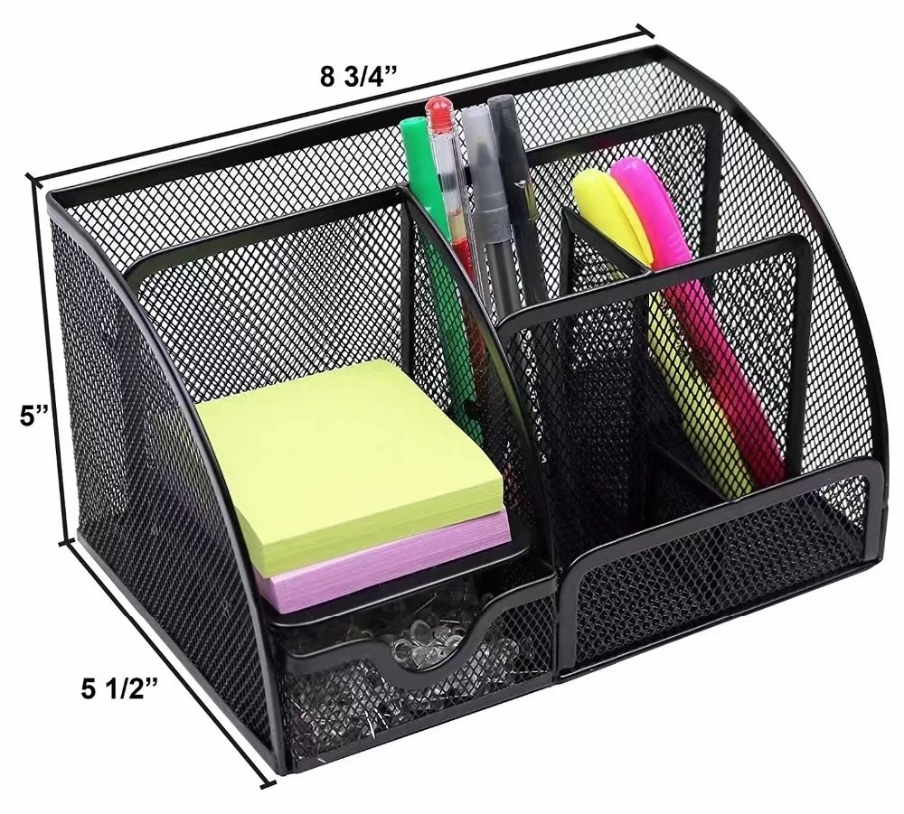 6 Compartments Metal Mesh Desk Organizer Woman Makeup Mesh Desk Organizer with sliding drawer