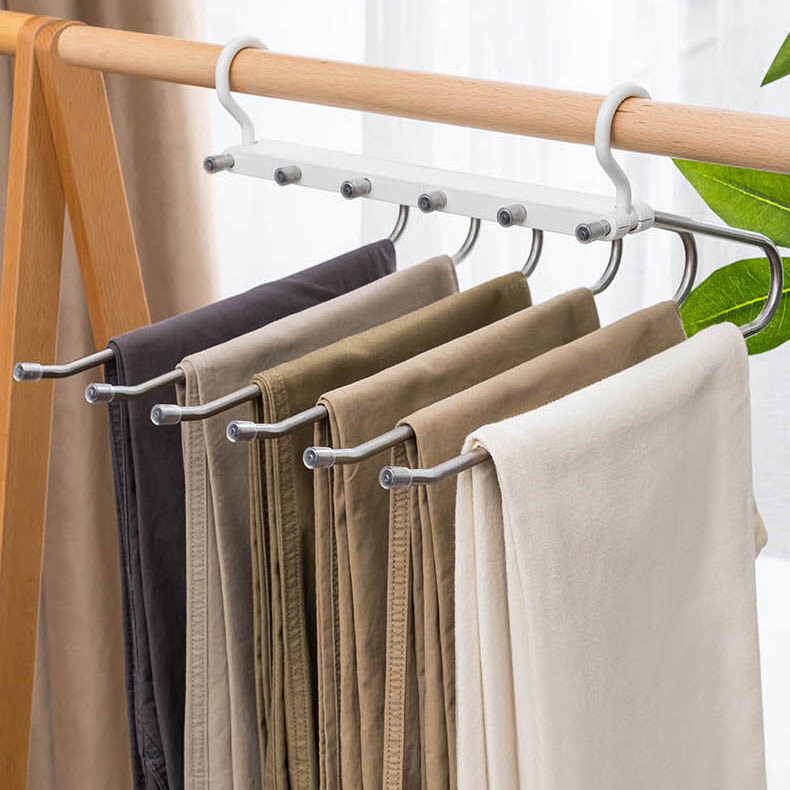 Magic Space Saving Pants Hangers Non-Slip Clothes Organizer 6 Layered Pants Rack for Scarf Jeans Trousers