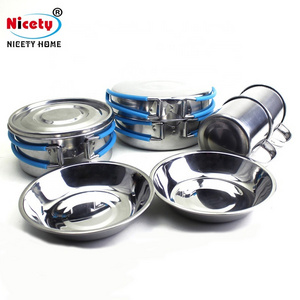 Nicety wholesale 8pcs travel mess kit stainless steel camping cookware set with folding handle