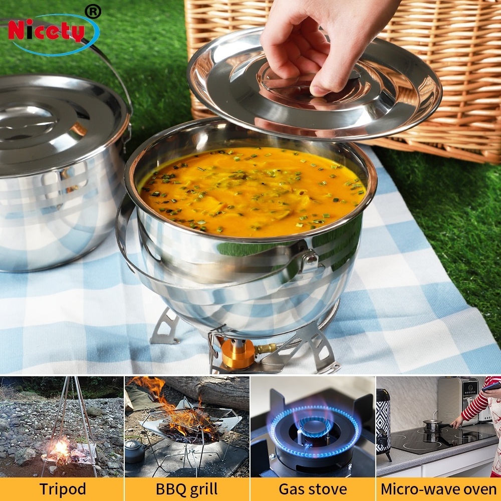 Nicety wholesale stainless steel outdoor cookware set 3 sizes camping pots with handle metal mess kit for picnic