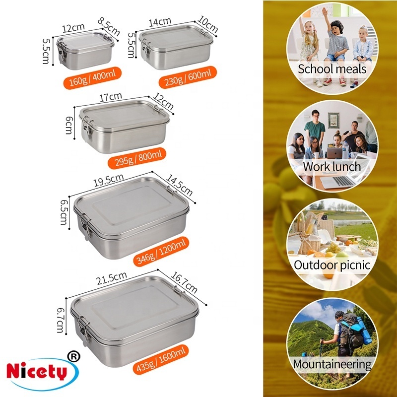 Nicety Food grade 304 leakproof stainless steel lunch box 800/1200/1400ml silicone seal ring square steel lunch box