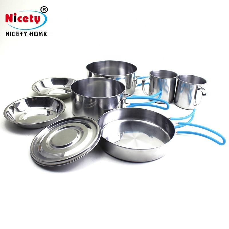 Nicety wholesale 8pcs travel mess kit stainless steel camping cookware set with folding handle