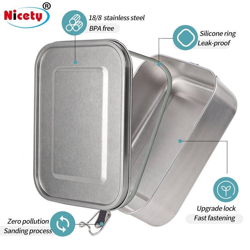 Nicety Food grade 304 leakproof stainless steel lunch box 800/1200/1400ml silicone seal ring square steel lunch box