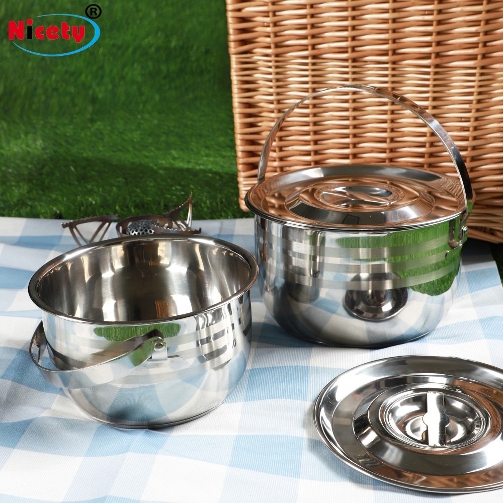 Nicety wholesale stainless steel outdoor cookware set 3 sizes camping pots with handle metal mess kit for picnic