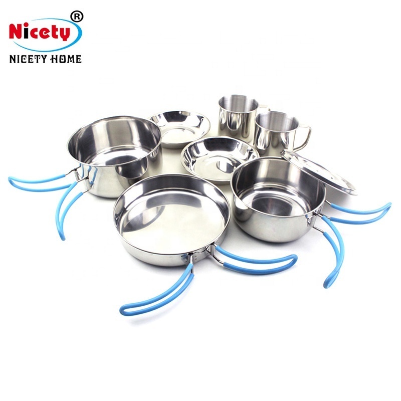 Nicety wholesale 8pcs travel mess kit stainless steel camping cookware set with folding handle