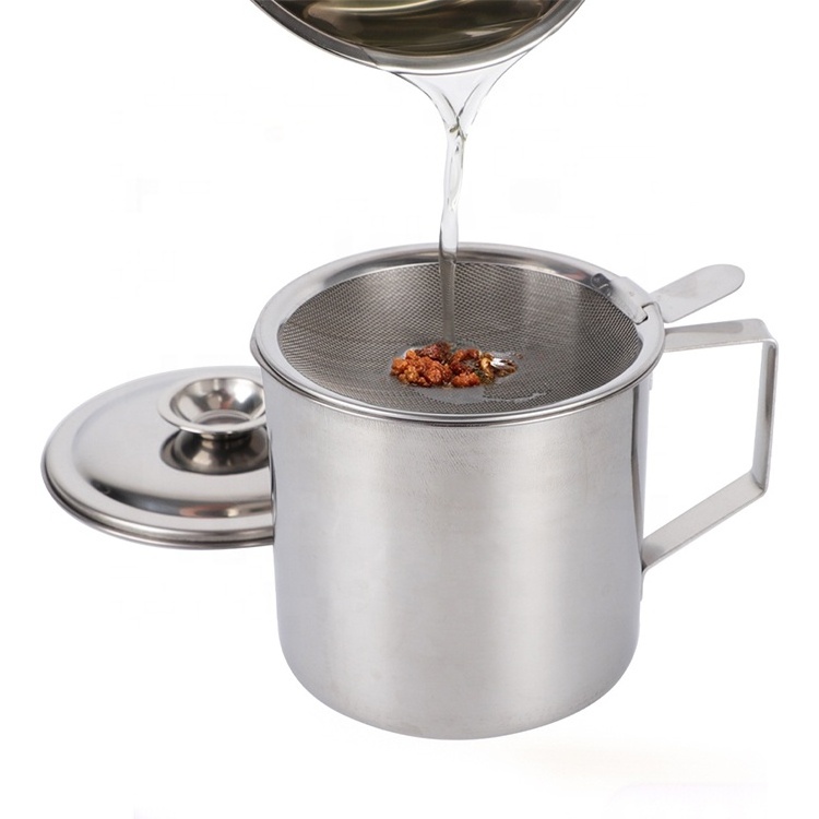 Stainless Steel Oil Pot/oil cup/ oil drain cup with Filtering Strainer 410 oil filter cup with handle