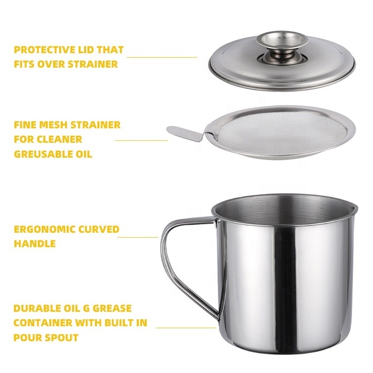 Stainless Steel Oil Pot/oil cup/ oil drain cup with Filtering Strainer 410 oil filter cup with handle