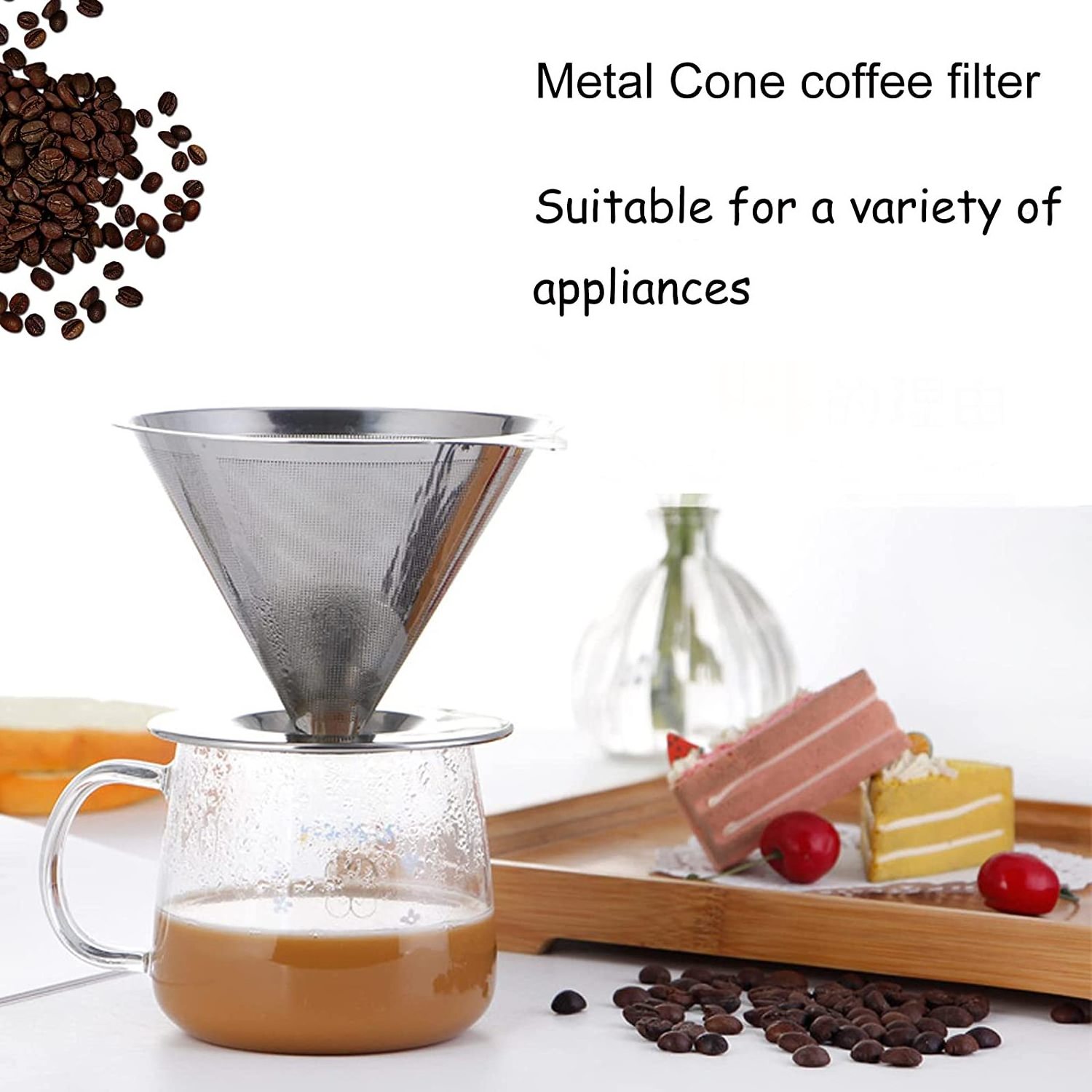 Reusable Pour Over Coffee Maker for Single Cup Brew, Double Mesh Design of Stainless Steel Cone Filter