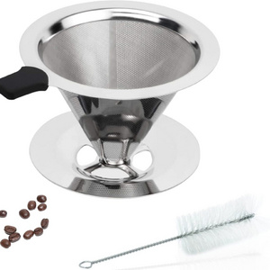 Reusable Pour Over Coffee Maker for Single Cup Brew, Double Mesh Design of Stainless Steel Cone Filter