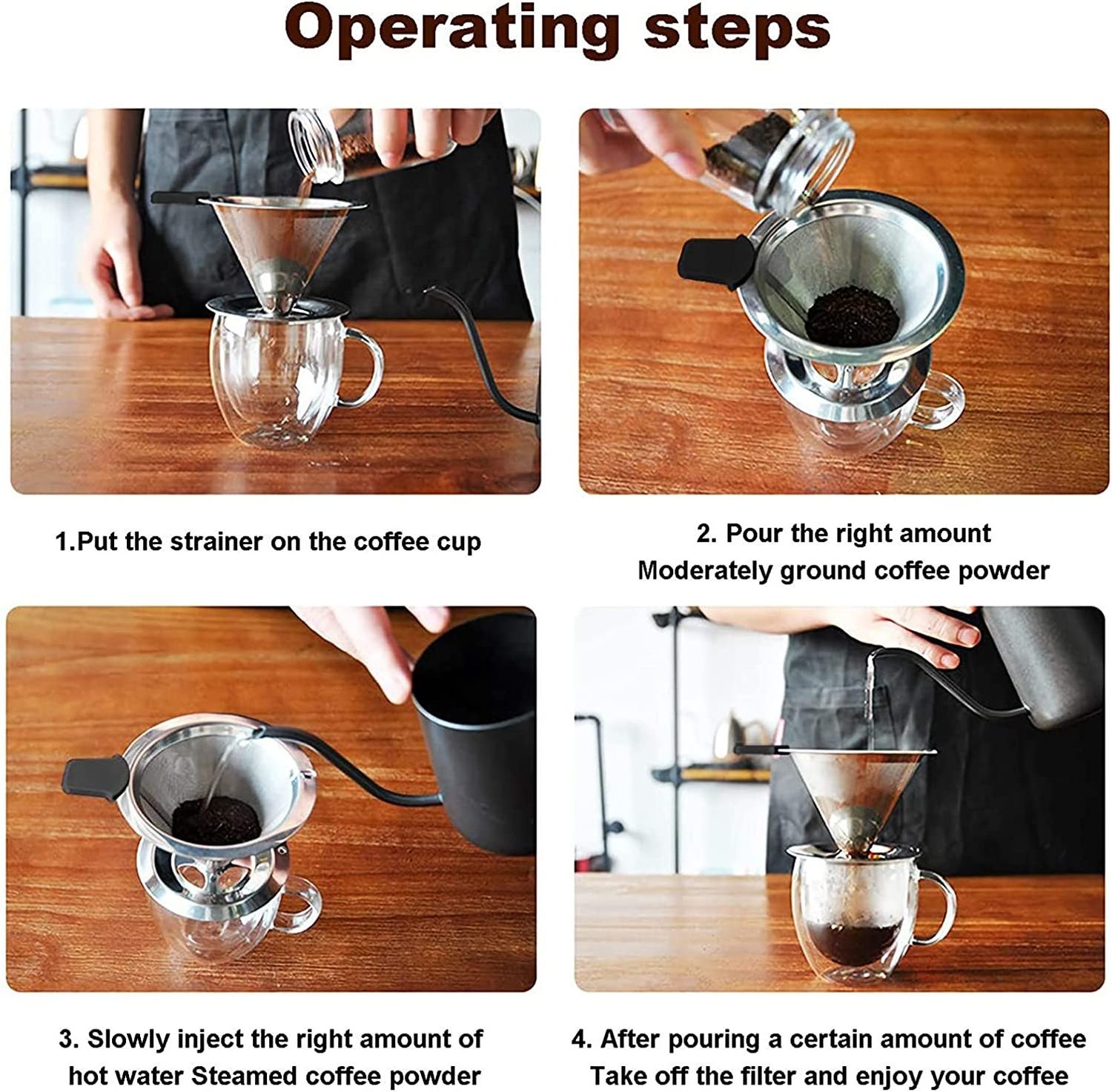 Reusable Pour Over Coffee Maker for Single Cup Brew, Double Mesh Design of Stainless Steel Cone Filter