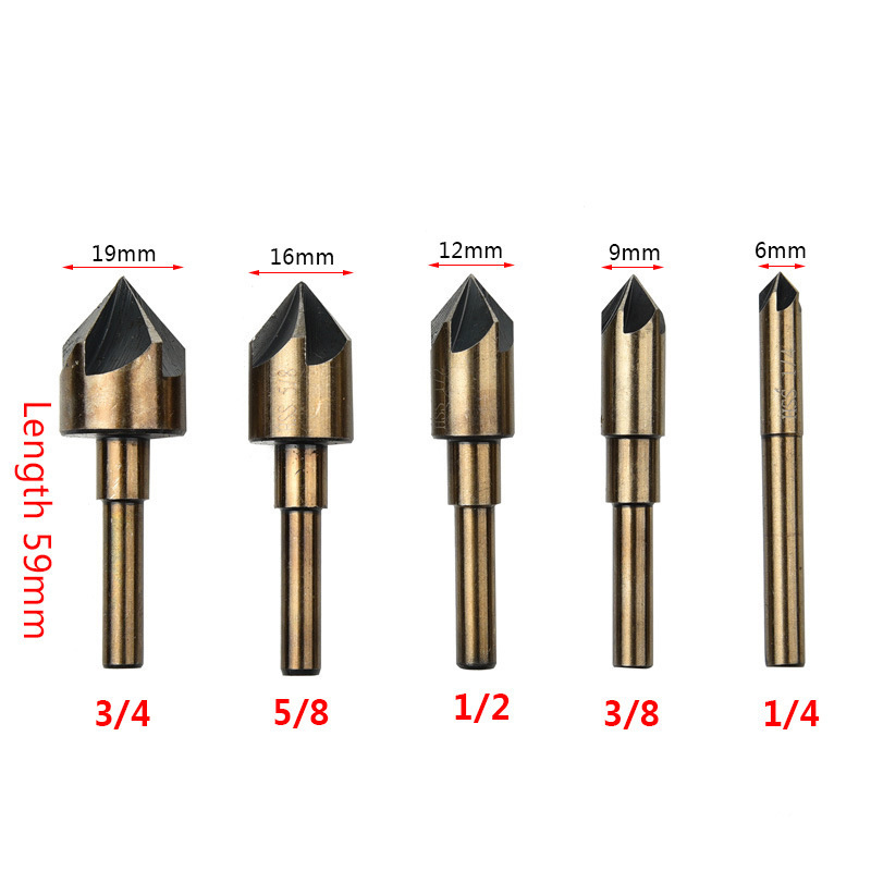 82 degree 5 edges chamfering cutter masonry drill countersunk drills taper chamfer machine HSS 4341 set of 5pcs inch system