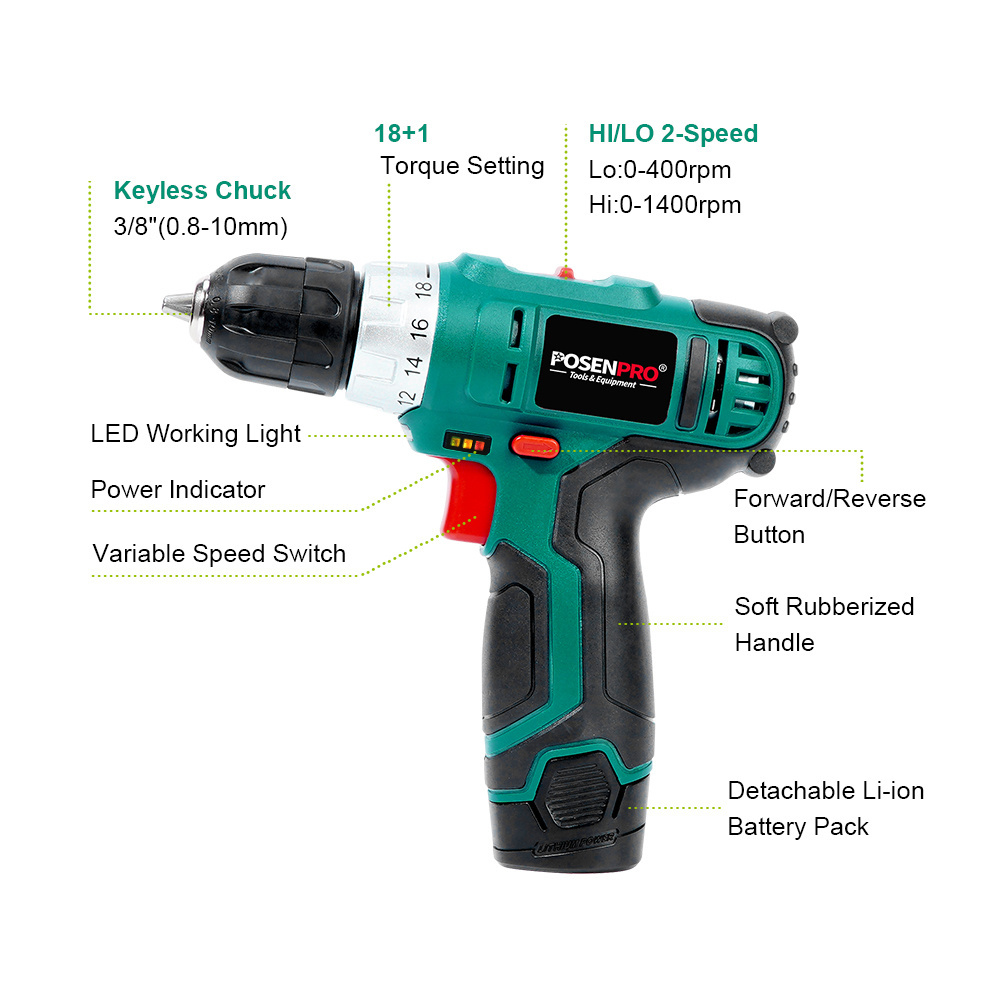 12V Cordless Drill 2 Speed Rechargeable 1300mAh Li-ion Torque Setting Wireless Power Driver Power Tool