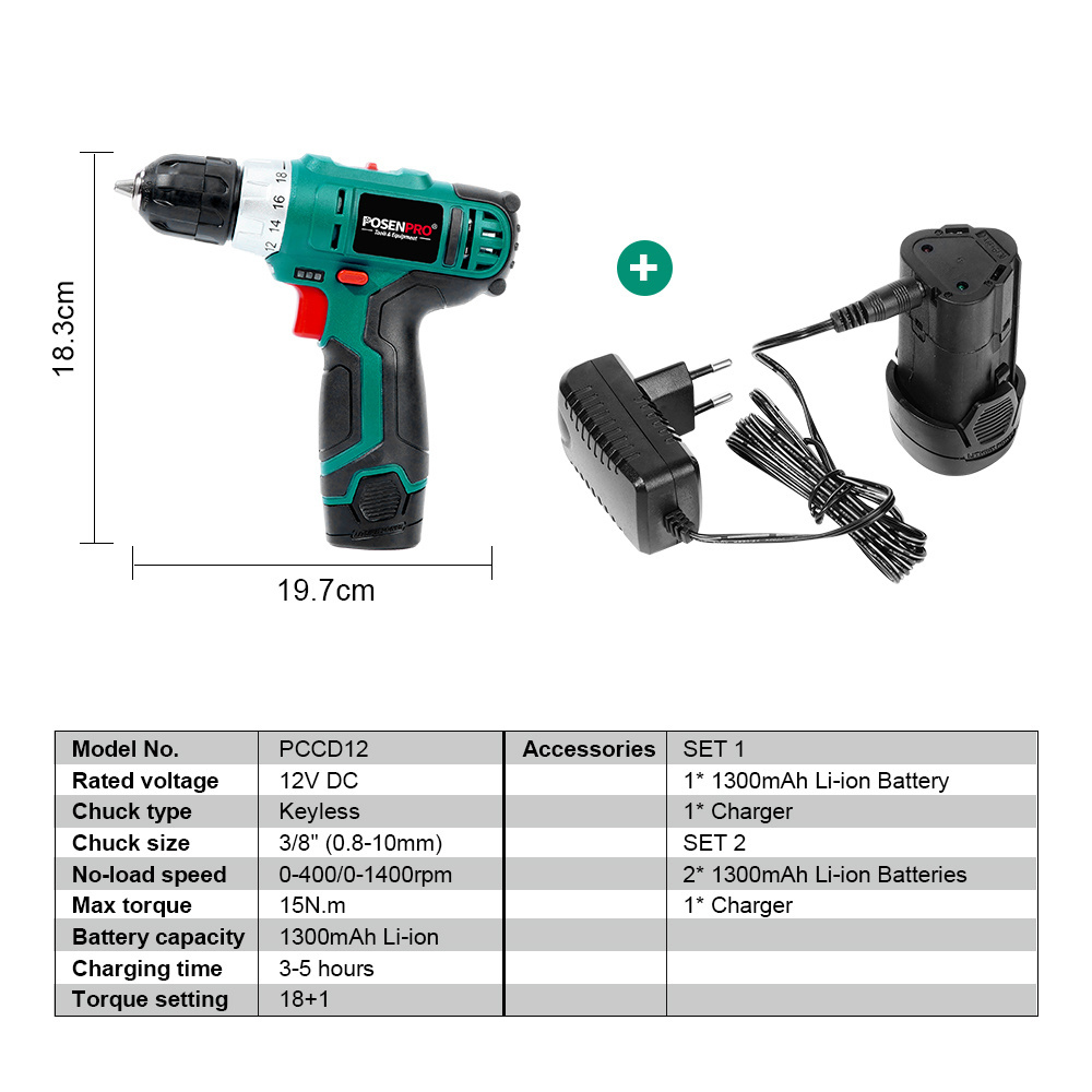 12V Cordless Drill 2 Speed Rechargeable 1300mAh Li-ion Torque Setting Wireless Power Driver Power Tool