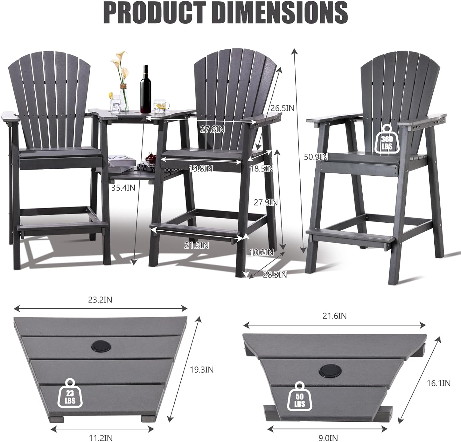 Weather Resistant Balcony Chair Tall Adirondack Chair Set Outdoor Adirondack Barstools With Connecting Tray