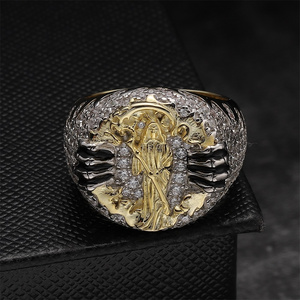 Religious Custom Real 925 Silver Gold Plating Iced Out Zircon Diamond Reapper Grim Reaper Round Men Ring