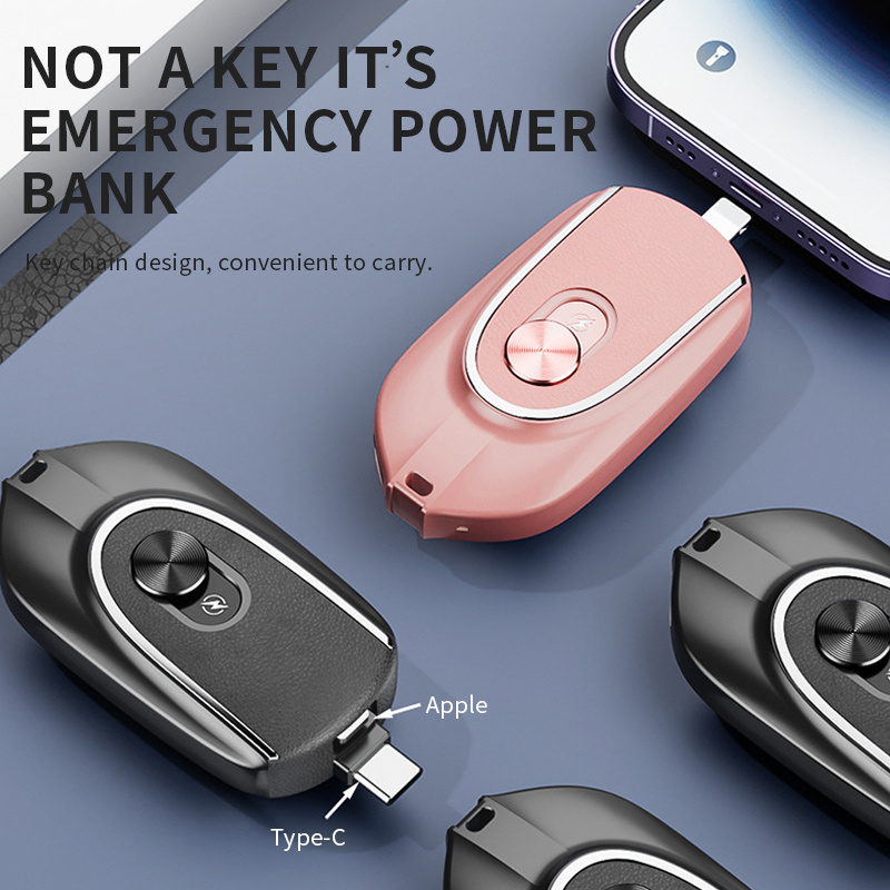 Mini Portable Charger 1200mah Emergency Keychain Powerbank Mobile Phone Key Chain Power Bank 1200mah With ios Type-C Dual plug