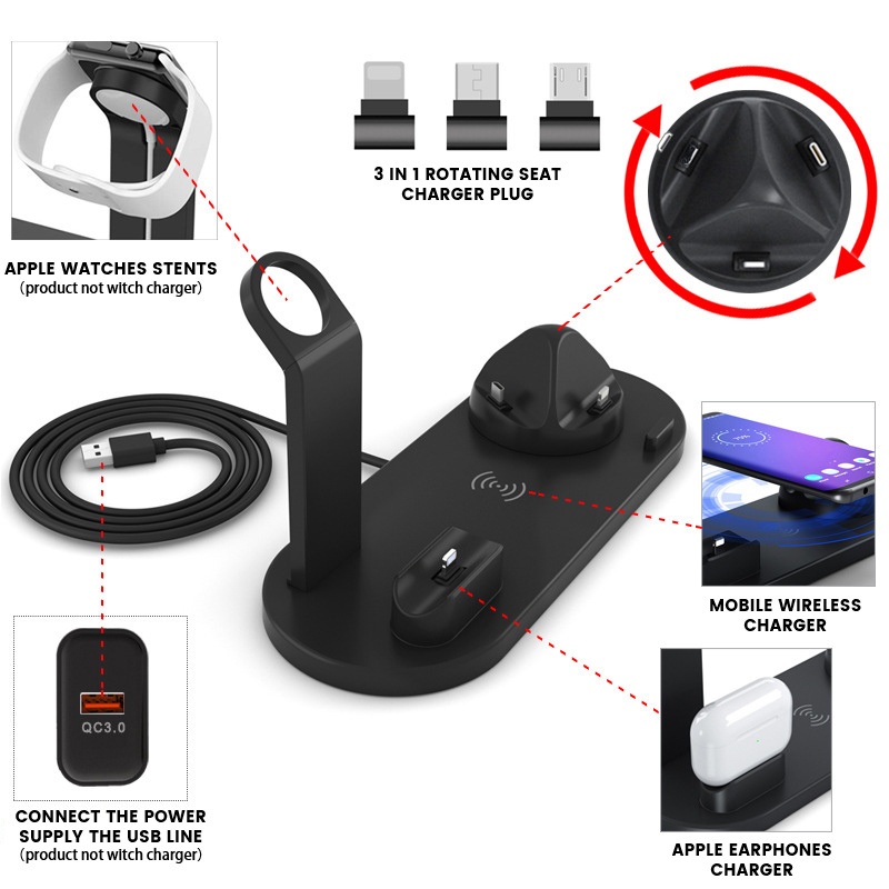 3 In 1 Rotary Seat Charge Mobile Phone Accessories Wireless Charger Station Phone Holder For Phone Smart Watch Earphone