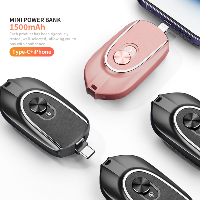 Mini Portable Charger 1200mah Emergency Keychain Powerbank Mobile Phone Key Chain Power Bank 1200mah With ios Type-C Dual plug