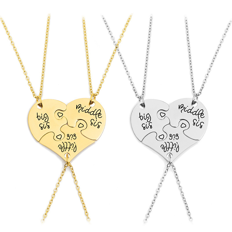 Wholesale gold plated puzzle heart shaped best big middle little sister stainless steel necklace jewelry