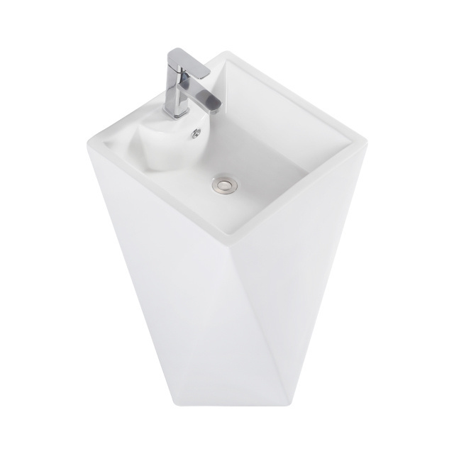 Hotel Diamond Bathroom Sink Sanitary Ware One Piece Ceramic Pedestal Wash Basin