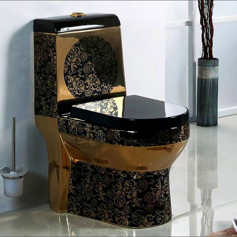 Ethiopia Black And Gold Color Wc Water Closet Bathroom Ceramic Siphon One Piece Golden Dragon Toilet