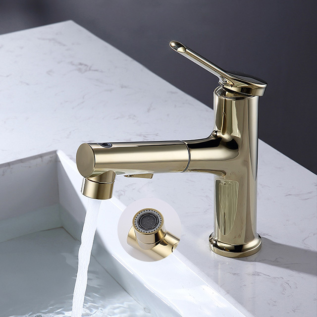 New model Wasserhahn 3 mode injec pull out basin faucet rotatable small gold bathroom faucet