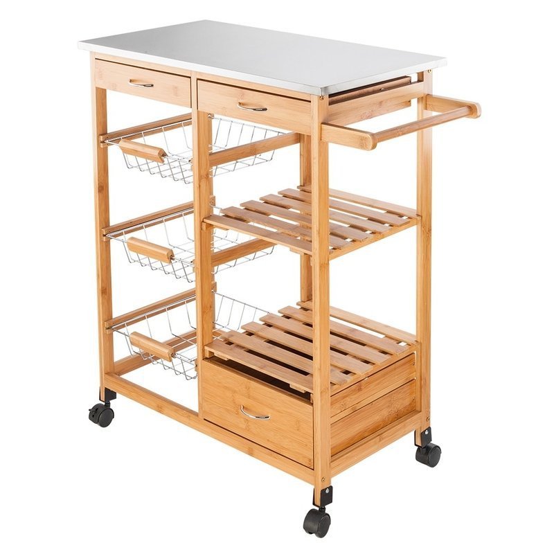 6 Shelf Rolling Kitchen Storage Cart Dining Trolley Small Wood Bread Fruit Display Rack Wine Rack