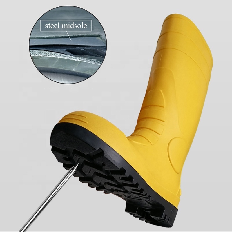 Yellow Reflective Mining Industrial Shoes Chemical Resistant Knee High Steel Toe Steel Midsole PVC Rubber Safety Rain Boots