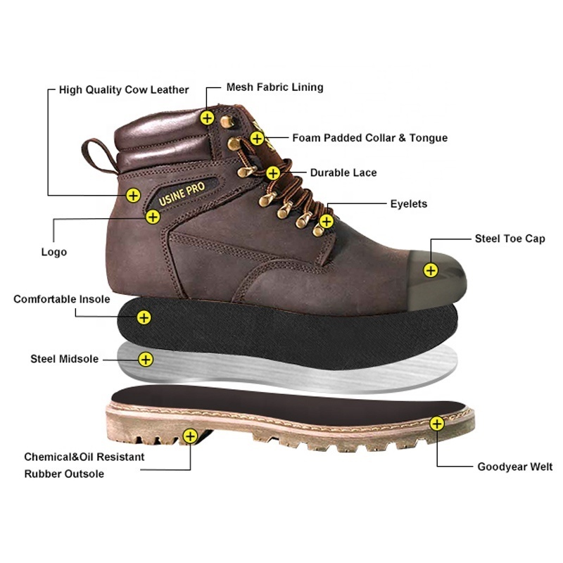 Wholesale Unisex work boots S3 Industrial Outdoor Durable Anti-static 6 Inch Brown Grain Leather Goodyear Welt Safety Shoes