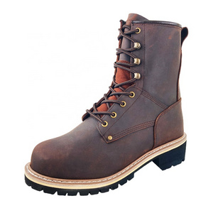 Brown Loggers Steel Toe Boots Outdoor Woodland Crazy -horse Leather Rubber Outsole Goodyear Welt Working Shoes