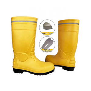 Yellow Reflective Mining Industrial Shoes Chemical Resistant Knee High Steel Toe Steel Midsole PVC Rubber Safety Rain Boots