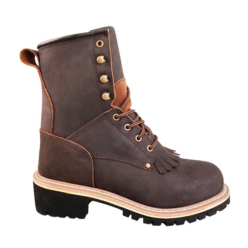 High Cut Crazy Horse Leather Engineering Boots Brown Loggers Goodyear Welt Shoes New Design Goodyear welt Stitch Shoes