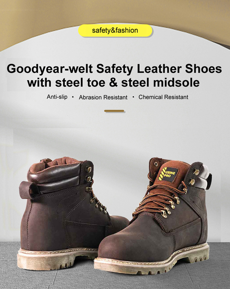 Factory Price Cowboy Working Safety Shoes Industry Construction Steel Toe Steel Midsole Crazy Horse Leather Goodyear Welt Boots