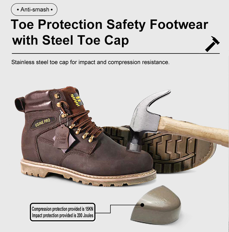 Breathable Western Brown Men Safety Shoes Industrial Construction Steel Toe Steel Midsole Crazy-horse Cow Leather Working Boots