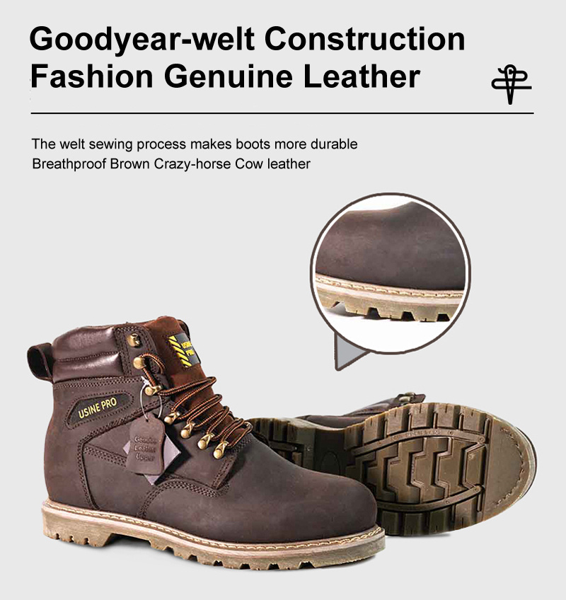 Breathable Western Brown Men Safety Shoes Industrial Construction Steel Toe Steel Midsole Crazy-horse Cow Leather Working Boots