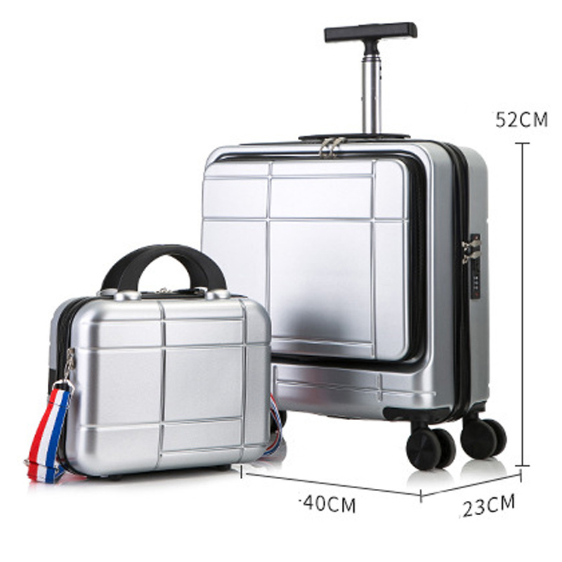 Smart lightweight cute mini suitcase luggage bag front open pocket boarding travel trolley luggage with small cosmetic bag