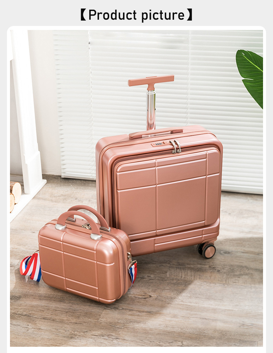 Smart lightweight cute mini suitcase luggage bag front open pocket boarding travel trolley luggage with small cosmetic bag