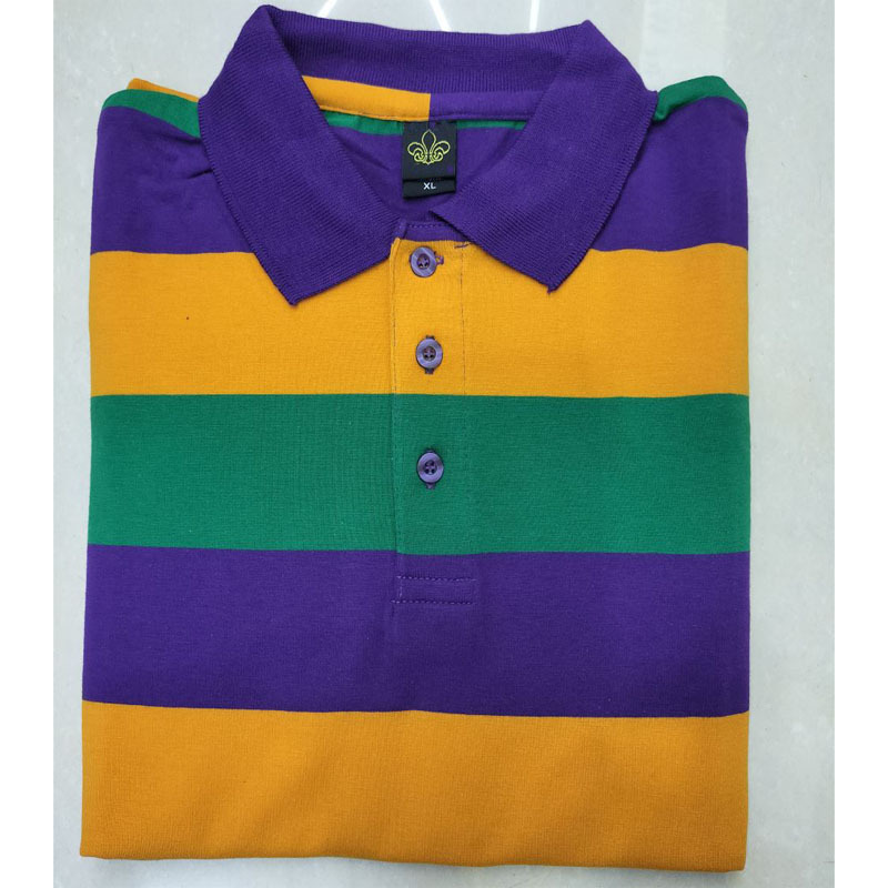 Custom Mardi Gras Apparel Purple Green Gold All Over Striped Adult Long Sleeve Polo Shirt Mardi Gras T-shirt Pullover