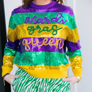 Sparkles Tinsel Mardi Gras Glitter Script Sweater Purple Green Gold Mardi Gras Queen Sweatshirt Mardi Gras Queen Sequin Sweater