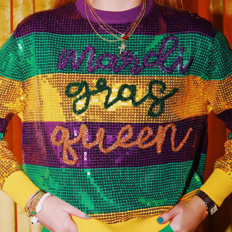 Sparkles Tinsel Mardi Gras Glitter Script Sweater Purple Green Gold Mardi Gras Queen Sweatshirt Mardi Gras Queen Sequin Sweater