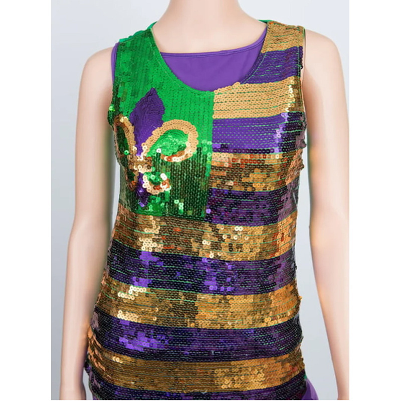 Sleeveless Party Top Mardi Gras Sequin Fleur de Lis Tank Top Mardi Gras Costume Mardi Gras Vertical Striped Sequin Tank Top