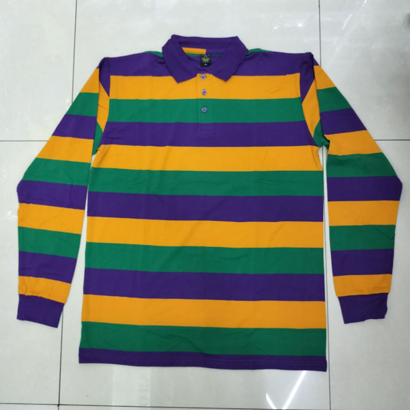 Custom Mardi Gras Apparel Purple Green Gold All Over Striped Adult Long Sleeve Polo Shirt Mardi Gras T-shirt Pullover