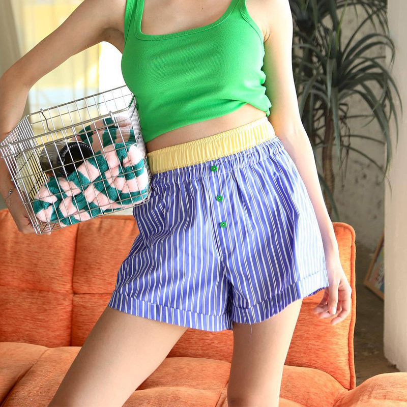 Womens Sleepwear Pastel Multi Color Stripe Pajamas Pants Striped Color Block Boxer Shorts Snap Button Striped Shorts