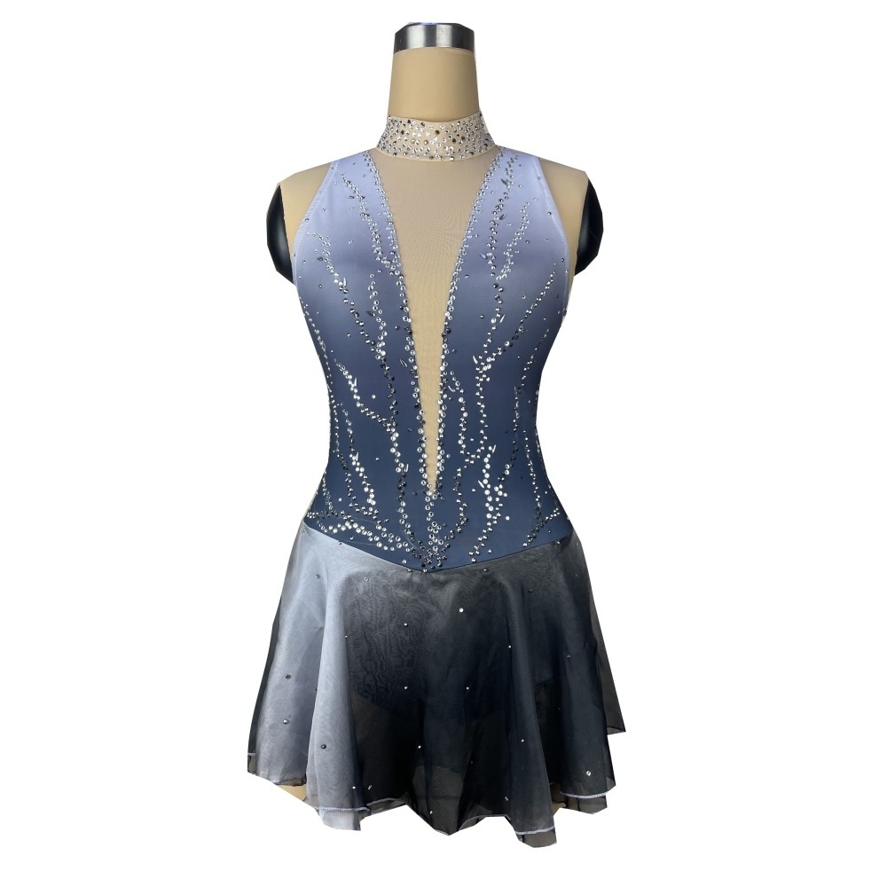 Ice Figure Skating Dress For Girls Performance Latin Rhinestones Costume Spandex & Mesh Dress For Competition