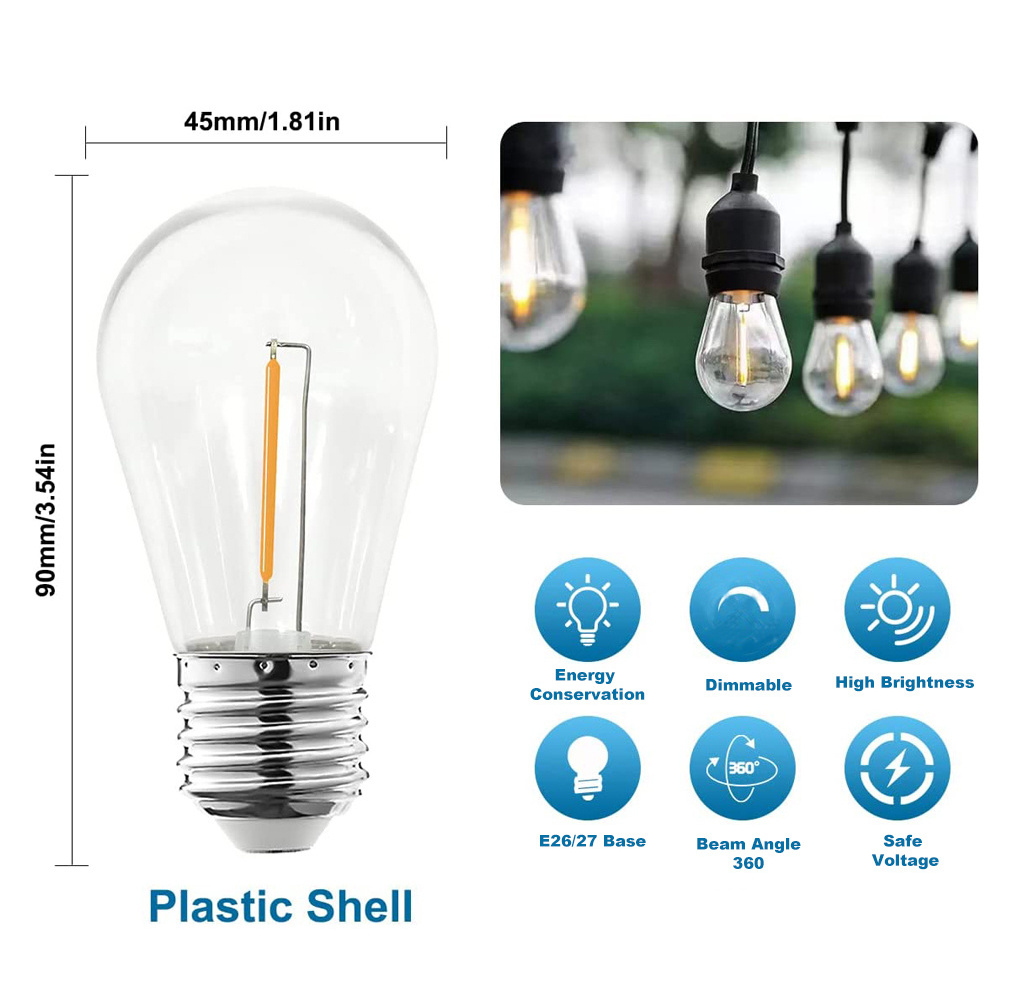 S14 Filament Bulb For Solar String lights E27 E26 5V 24V 110V 220V 1W PC Cover Warm White Led Light Bulbs